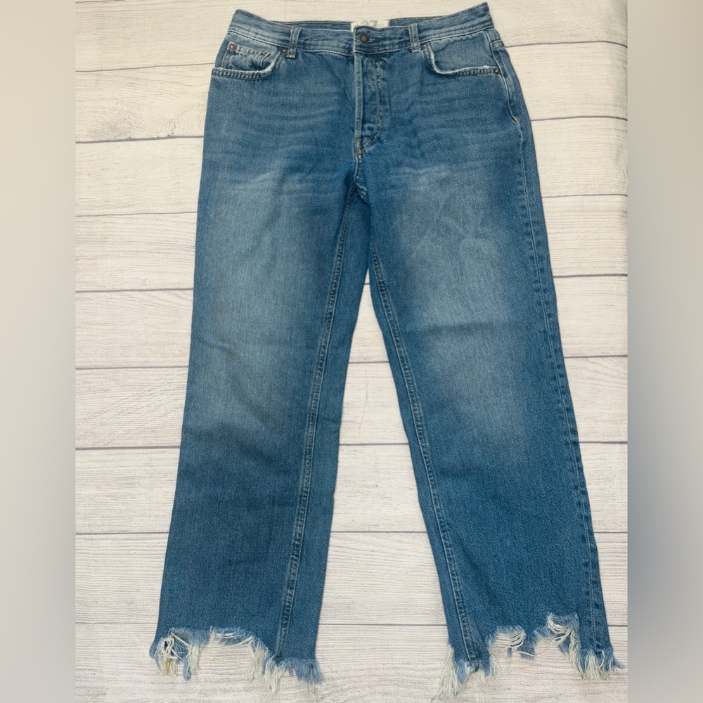 We The Free People Maggie Straight Jeans 27 Button Fly Frayed Hem Cropped